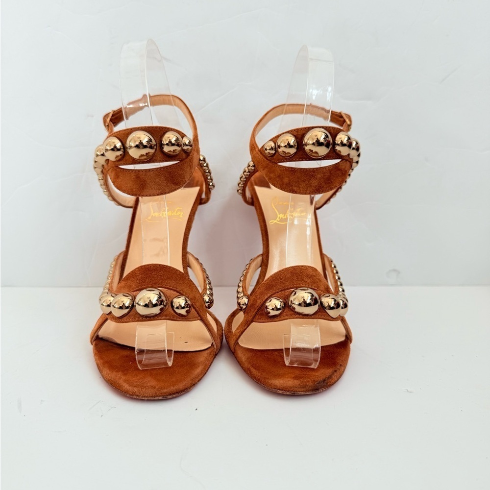 Christian Louboutin Galeria 100mm Cognac Suede studded Heels Sandals EU 37 - Picture 4 of 14